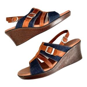 SAS Layla T-Strap Wedge Sandal Size 10 Comfort and Style Denim and Leather NWOB